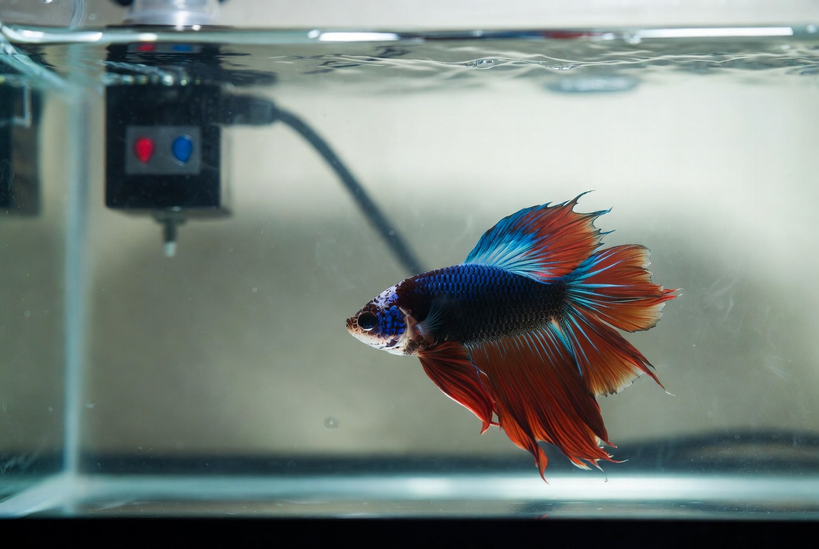 Betta fish with frayed fins in a hospital tank during treatment