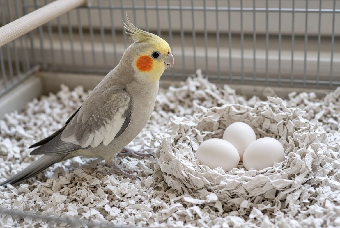 An avian veterinarian gently palpating a small parrot's abdomen to check for a bound egg