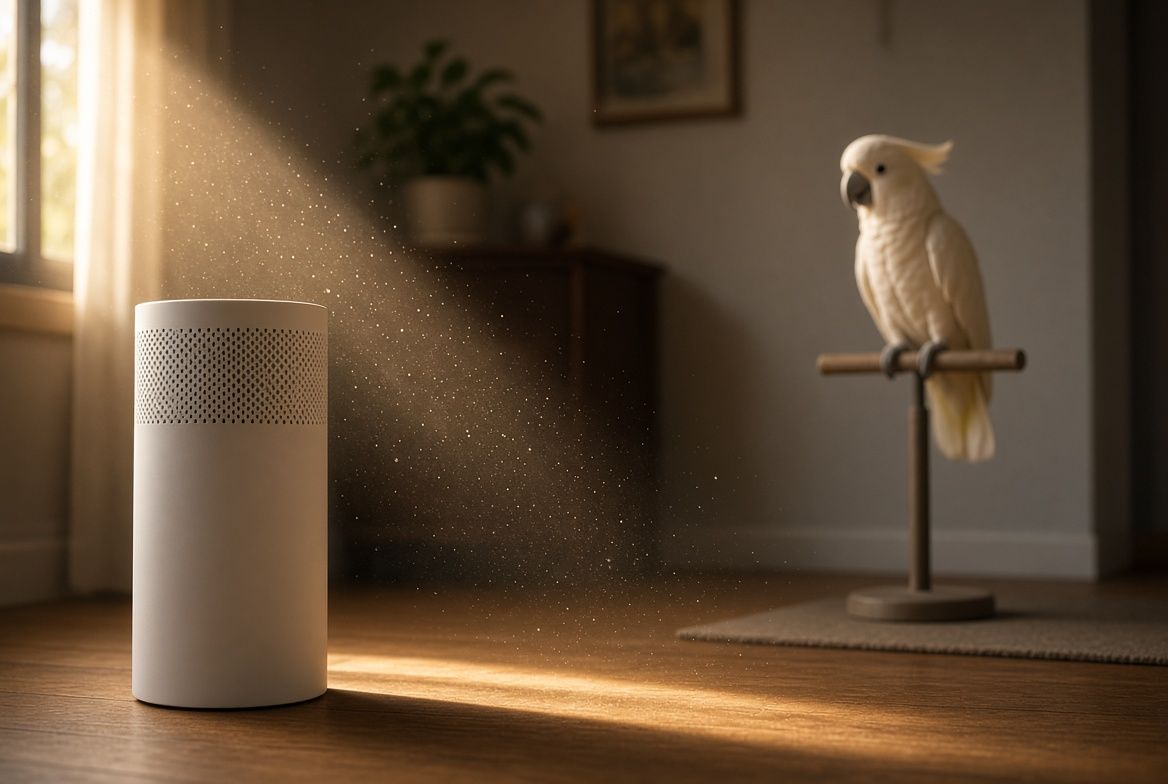 A HEPA air purifier running on a hard floor beside a cockatoo's cage in a well-ventilated living room