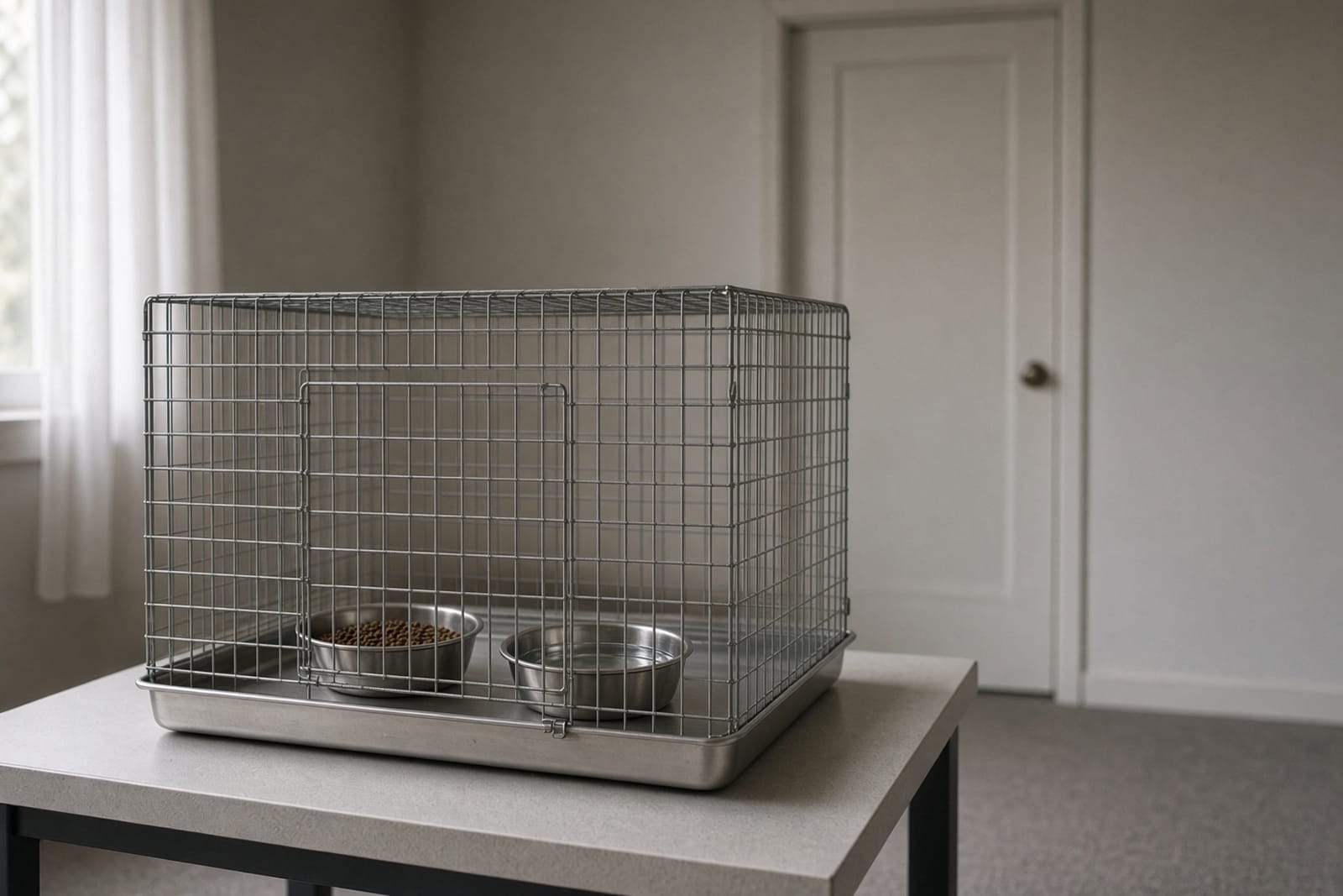 A newly acquired budgie in a small cage set up in a separate room with its own food and water dishes, away from an established bird's cage, illustrating a proper quarantine setup