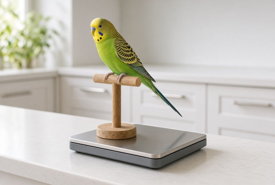 A grey cockatiel standing on a perch mounted to a digital gram scale, with a hand gently checking the keel bone along its breastbone