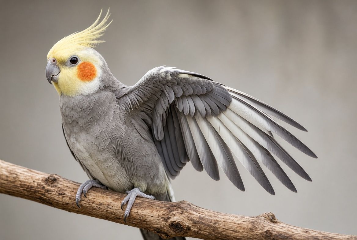 A cockatiel with one wing gently extended, showing the long primary flight feathers along the outer edge that a wing trim shortens