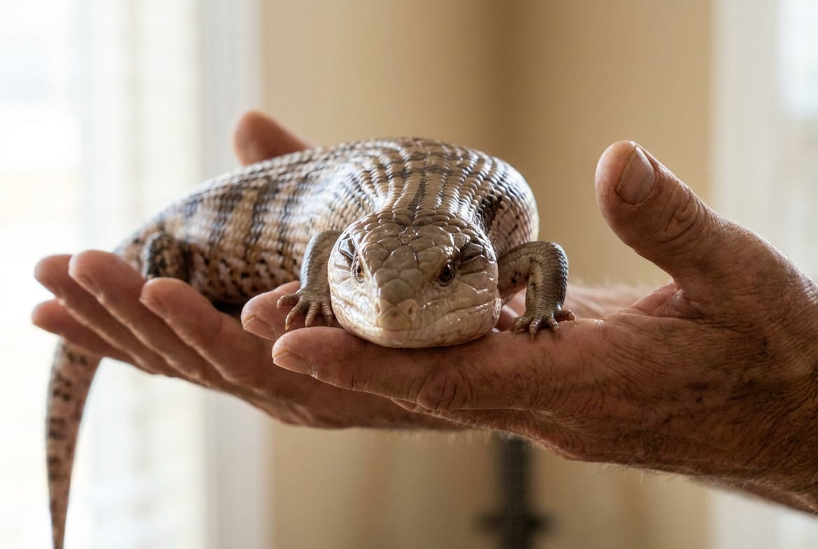 Blue-tongued skink calmly resting across an owner's open hands