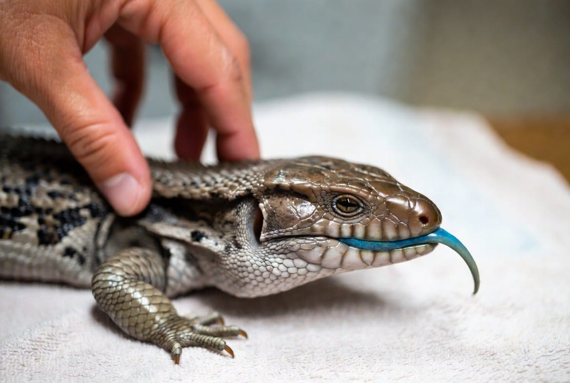 Blue-tongued skink undergoing a vet exam to check for signs of illness