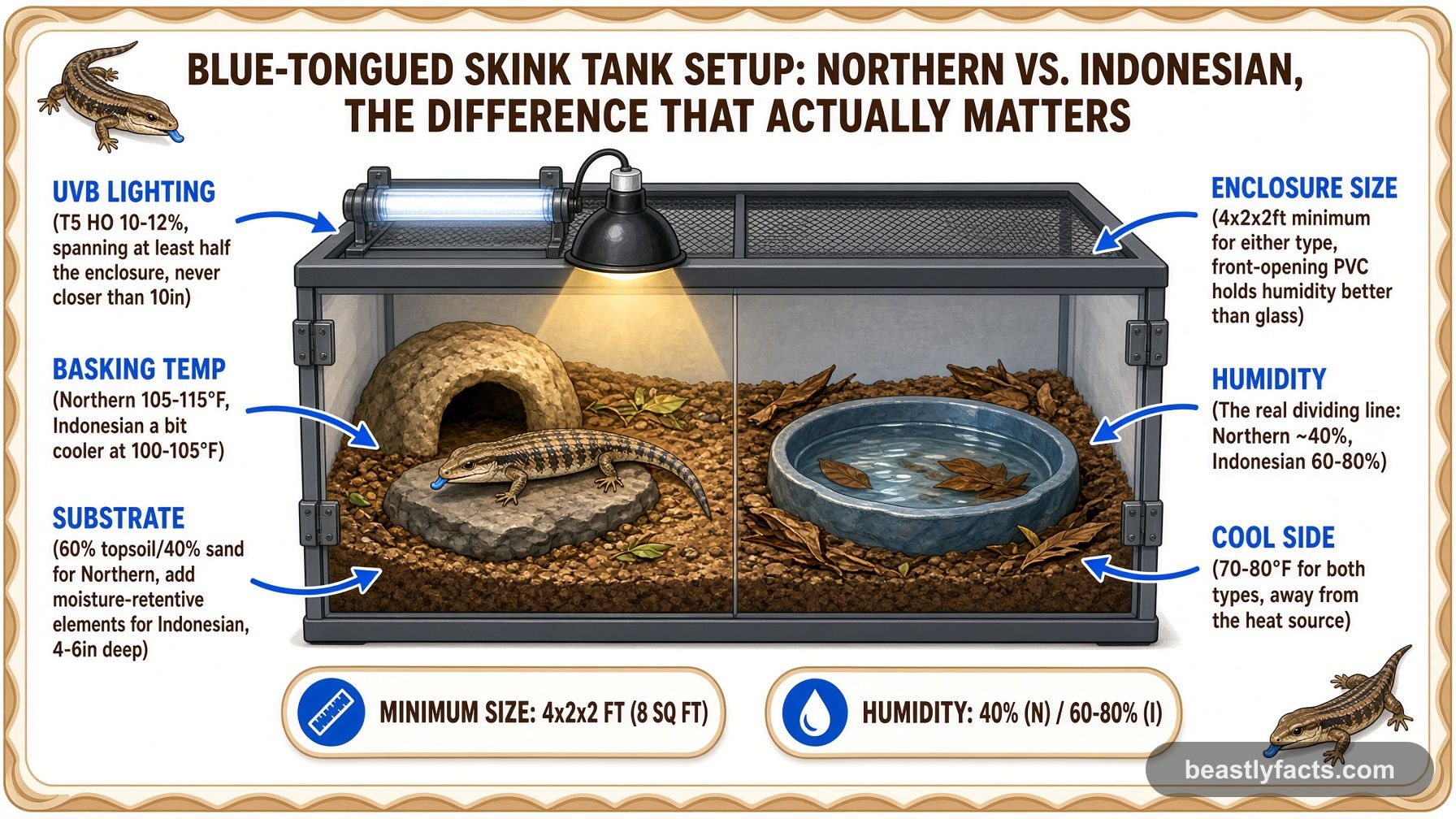 Labeled diagram of a blue-tongued skink enclosure showing UVB lighting, basking temp, humidity, and substrate for Northern versus Indonesian types