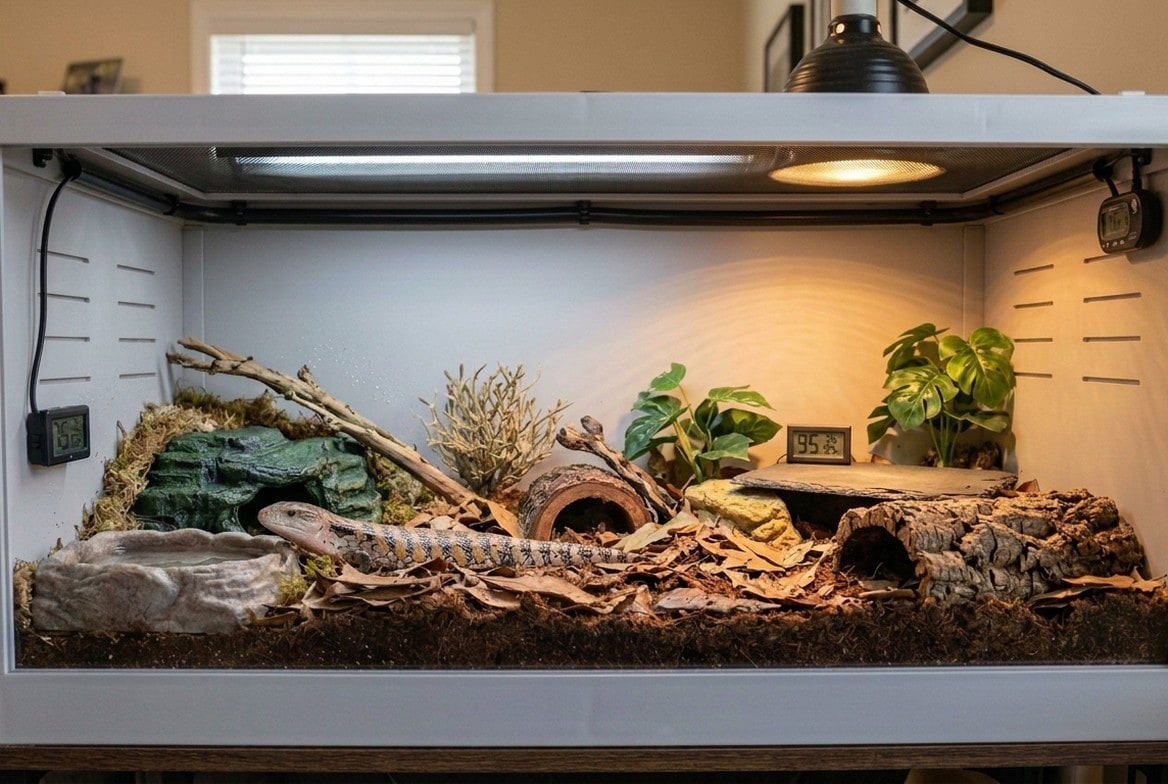 Blue-tongued skink enclosure with basking area, hide, and moisture-retentive substrate