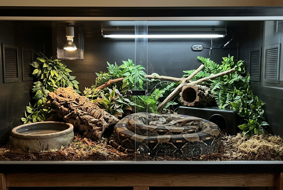 Boa constrictor imperator resting near its PVC enclosure setup