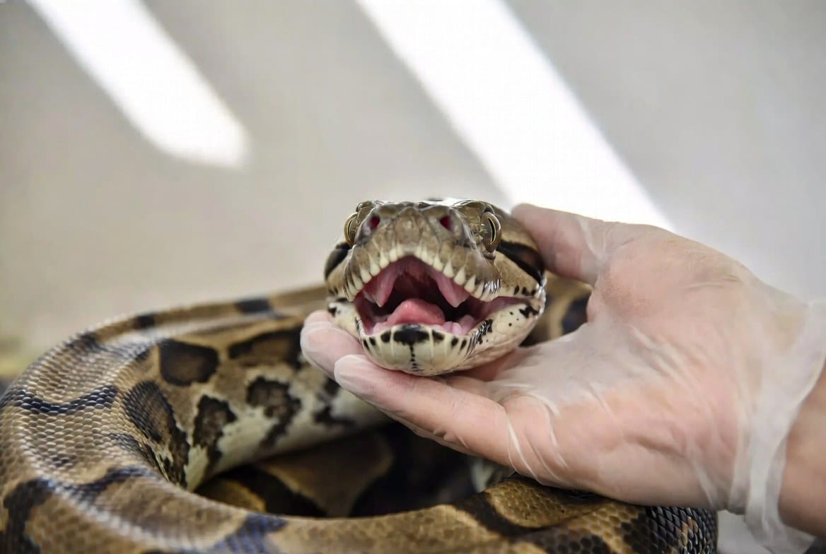 Boa constrictor being examined for signs of illness