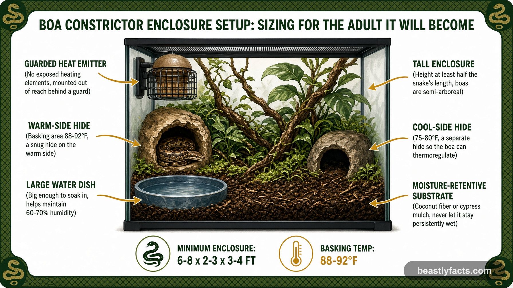 Labeled diagram of a boa constrictor enclosure showing the guarded heat emitter, warm and cool-side hides, and tall vertical space for this semi-arboreal species