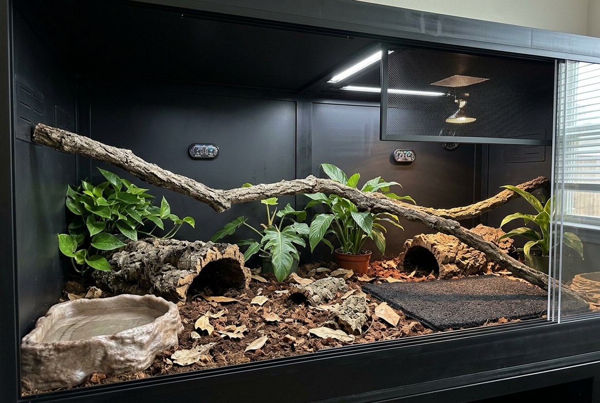 Boa constrictor enclosure with basking area, humid hide, and thermostat-controlled heat source