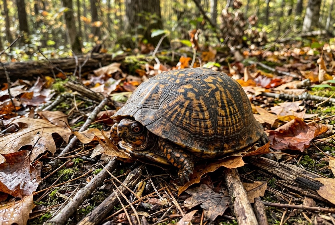 Eastern box turtle on forest substrate with its shell partly closed, beside enclosure setup gear