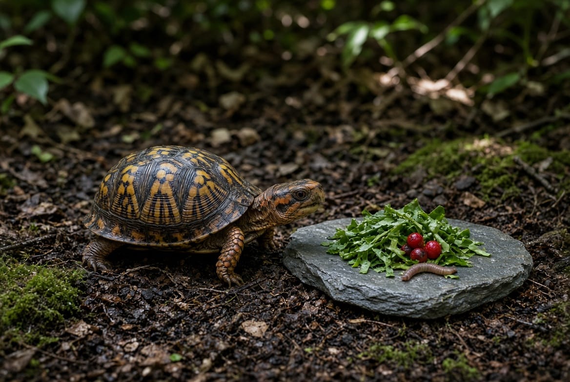 A box turtle eating chopped greens and an earthworm from a flat feeding stone