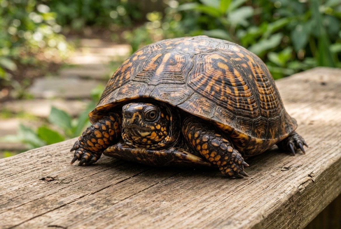 Eastern box turtle being gently supported in two cupped hands with its shell partly closed