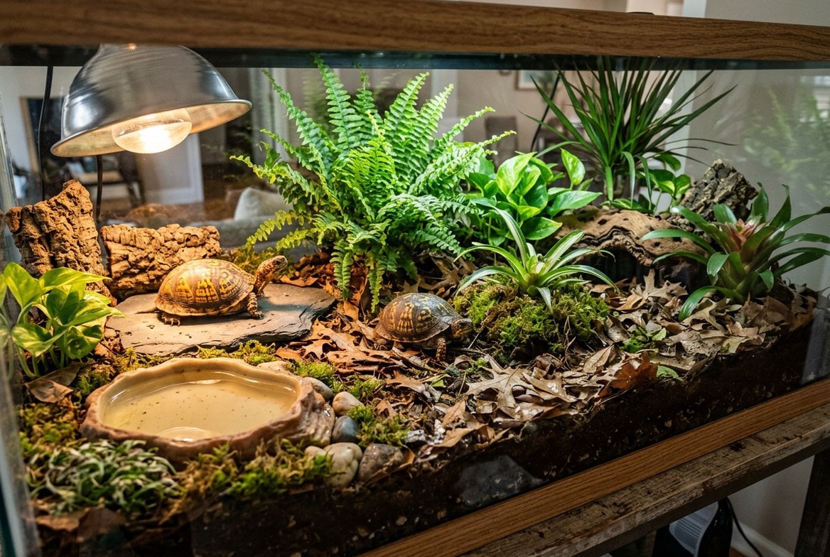Box turtle enclosure with a basking light, deep burrowable substrate, and a soaking dish