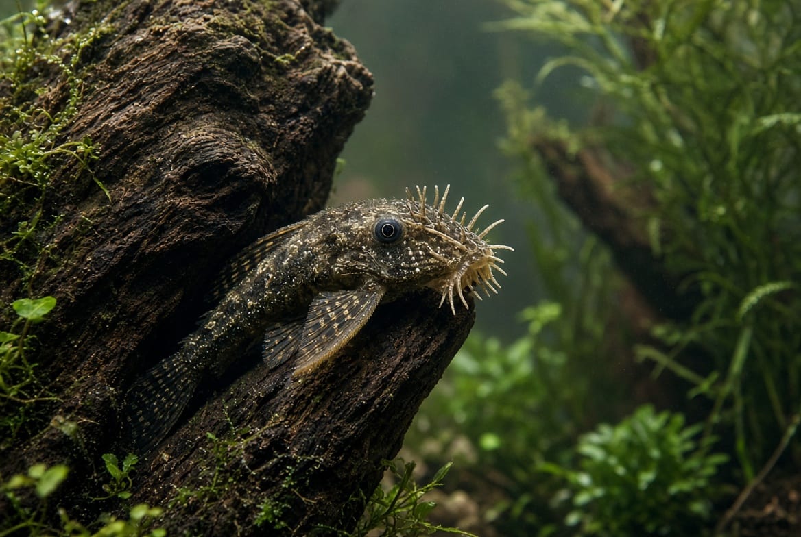 A bristlenose pleco rasping the surface of a large piece of driftwood