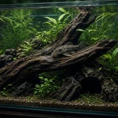 A bristlenose pleco tank with driftwood, caves, and smooth substrate