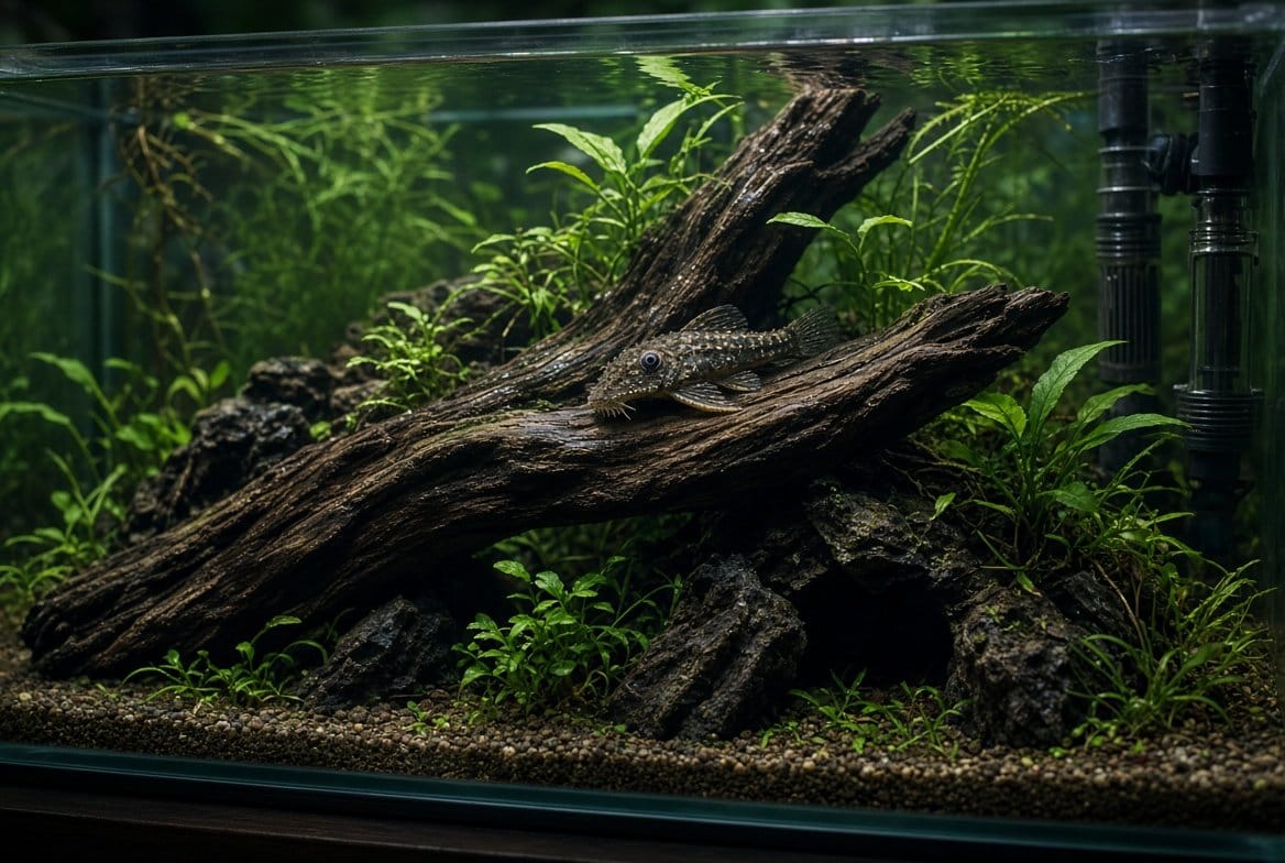 A bristlenose pleco tank with driftwood, caves, and smooth substrate
