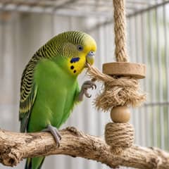A budgie perched near a foraging toy inside its cage