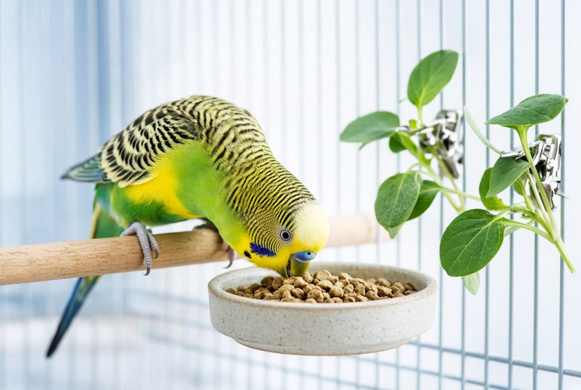 A budgie eating pellets from a ceramic dish with leafy greens clipped to the cage bars