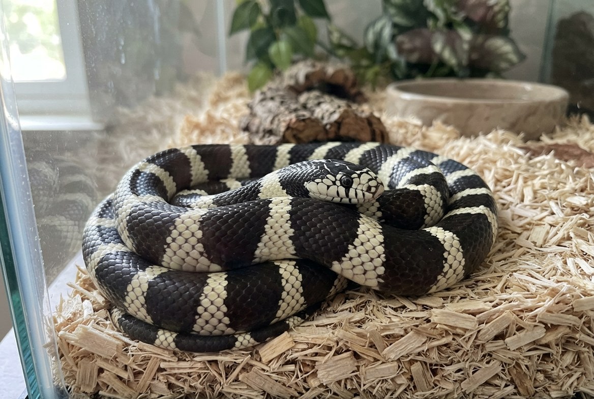 California kingsnake with banded pattern coiled on aspen substrate