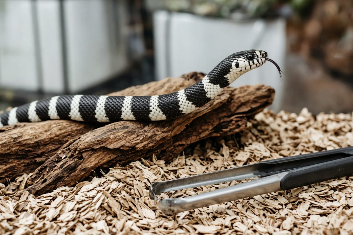 A banded California kingsnake taking a thawed mouse from long feeding tongs inside its enclosure