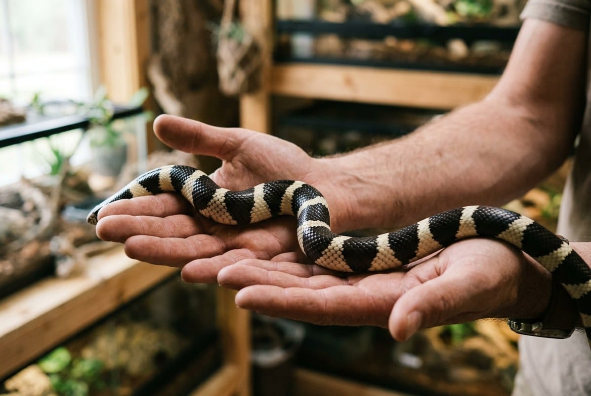 California kingsnake with banded pattern coiled on aspen substrate
