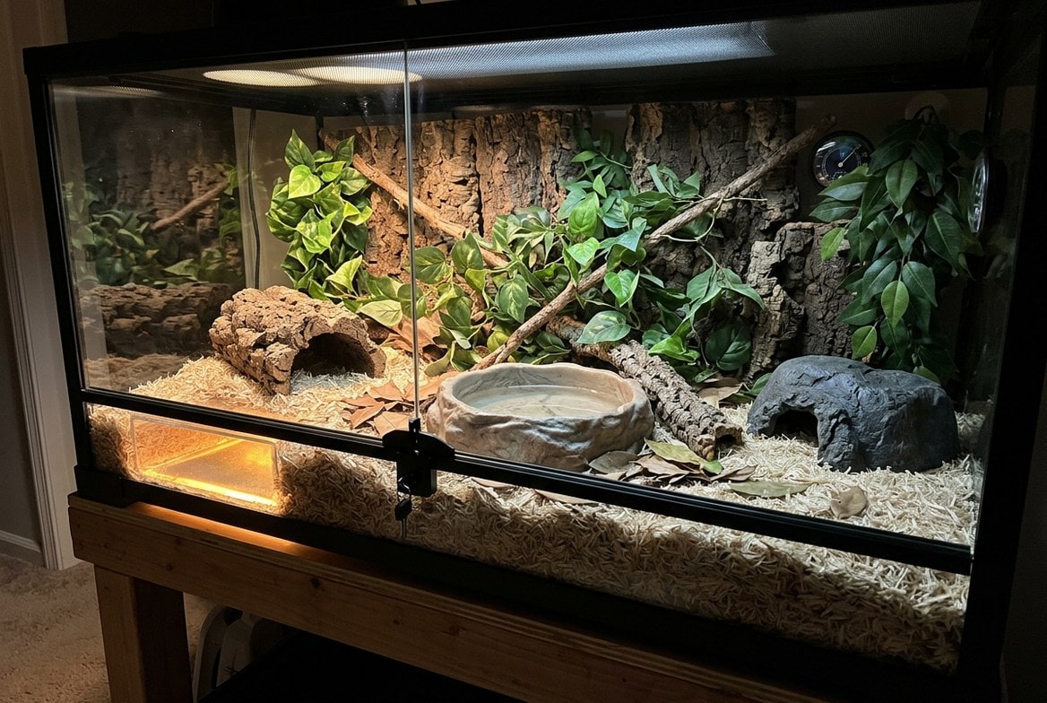 California kingsnake with banded pattern coiled on aspen substrate
