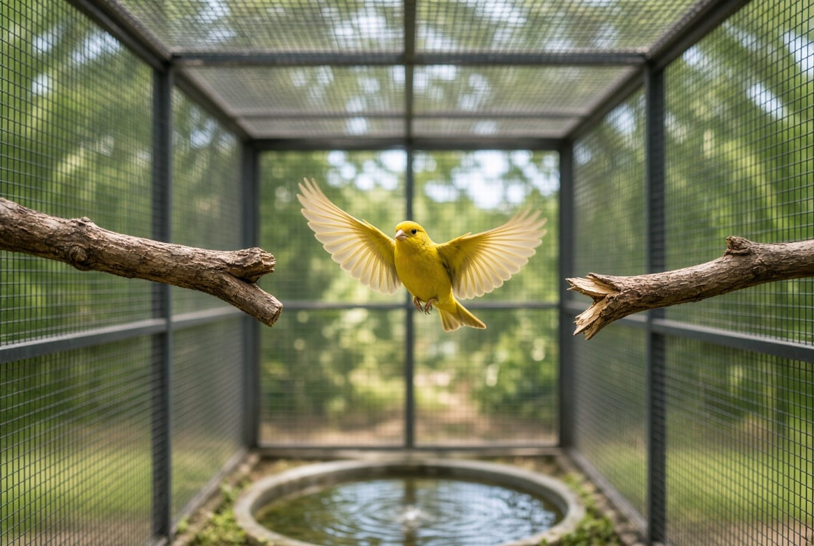 A yellow canary in mid-flight between perches inside a long flight cage