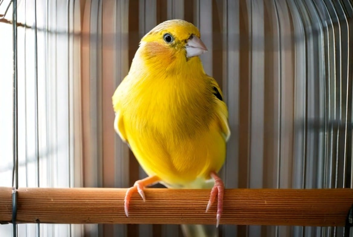 Yellow male canary singing while perched in a wide flight cage
