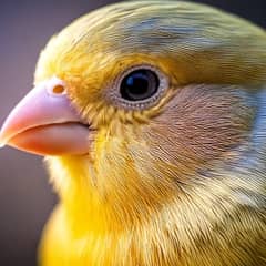 Yellow male canary singing while perched in a wide flight cage