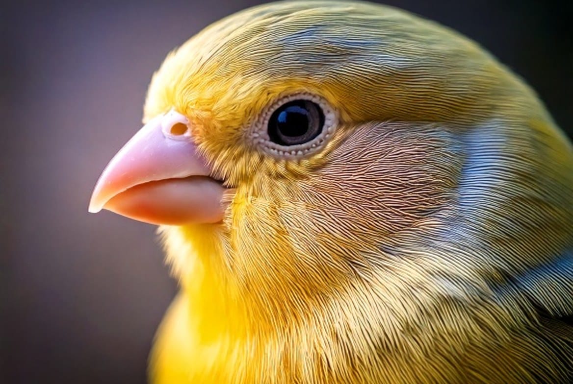 Yellow male canary singing while perched in a wide flight cage