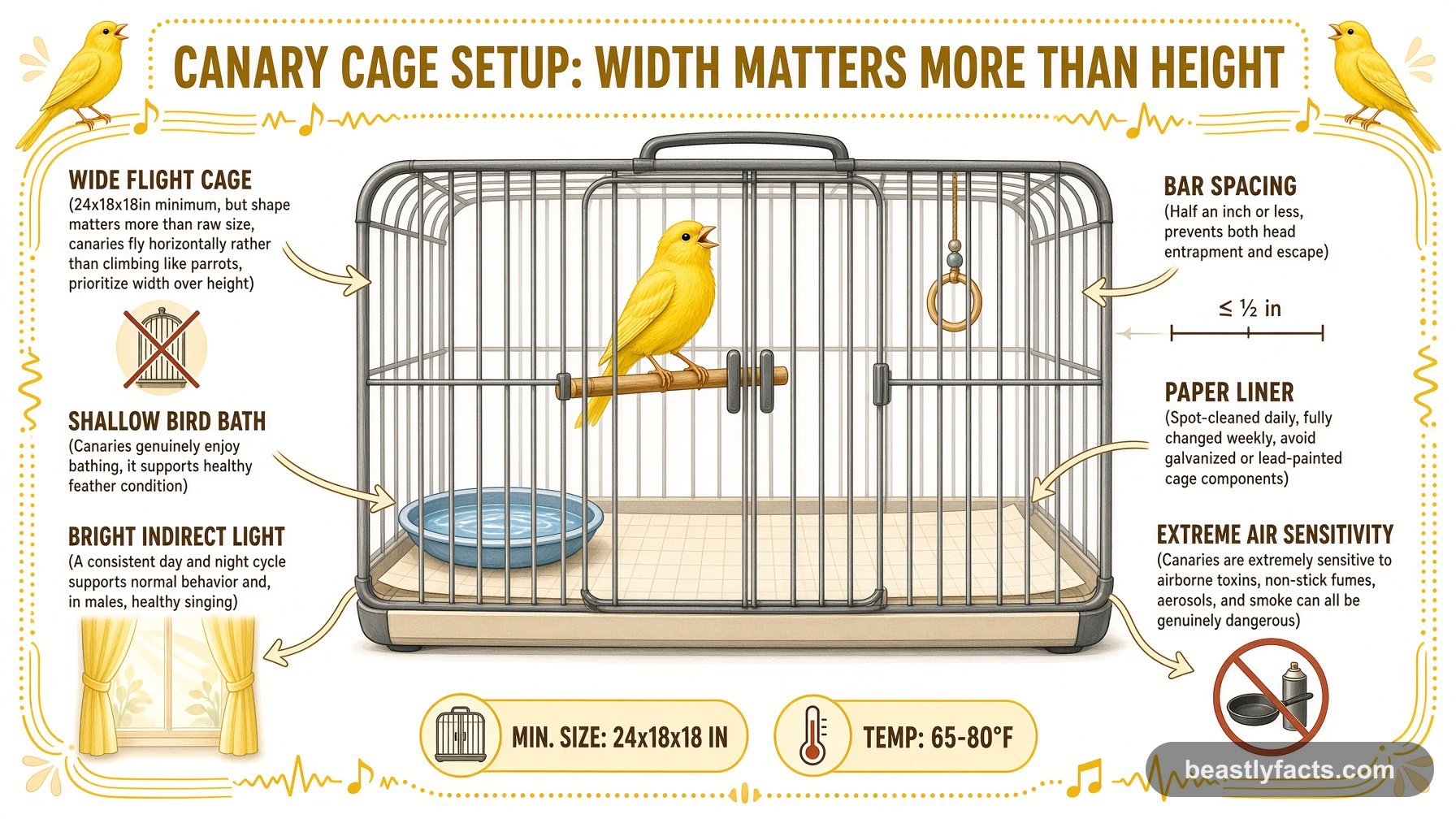 Labeled diagram of a canary cage showing a wide flight cage, a shallow bird bath, and bright indirect light