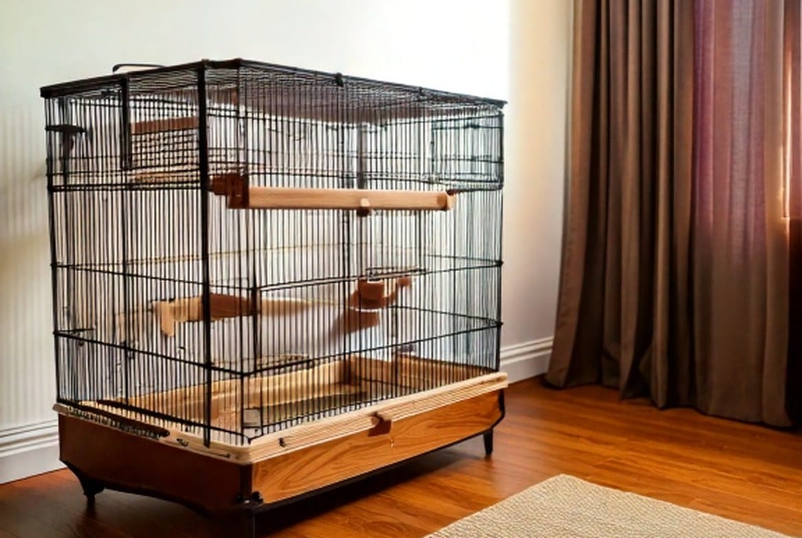 Yellow male canary singing while perched in a wide flight cage