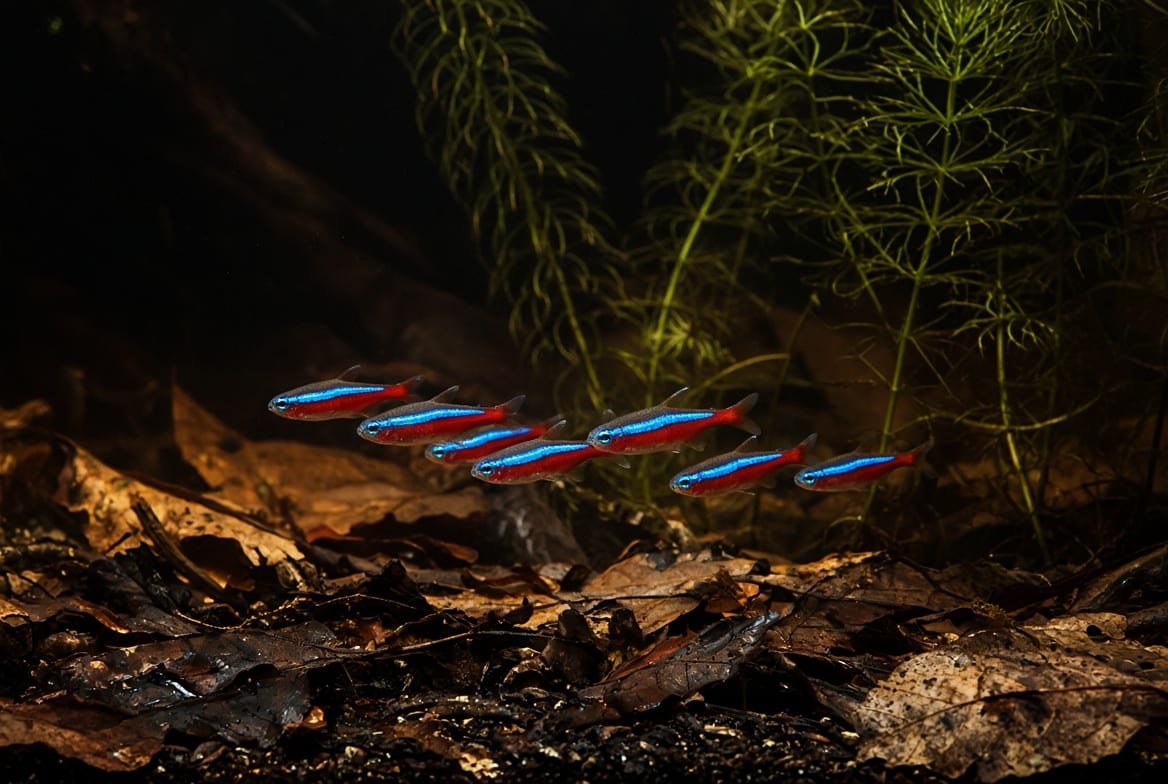 A shoal of cardinal tetras in tannin-stained water among submerged branches and leaf litter