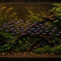 A planted cardinal tetra aquarium with dim lighting, driftwood, and tannin-stained blackwater