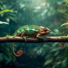 Chameleon on a branch in a humid terrarium with visible misting droplets on leaves