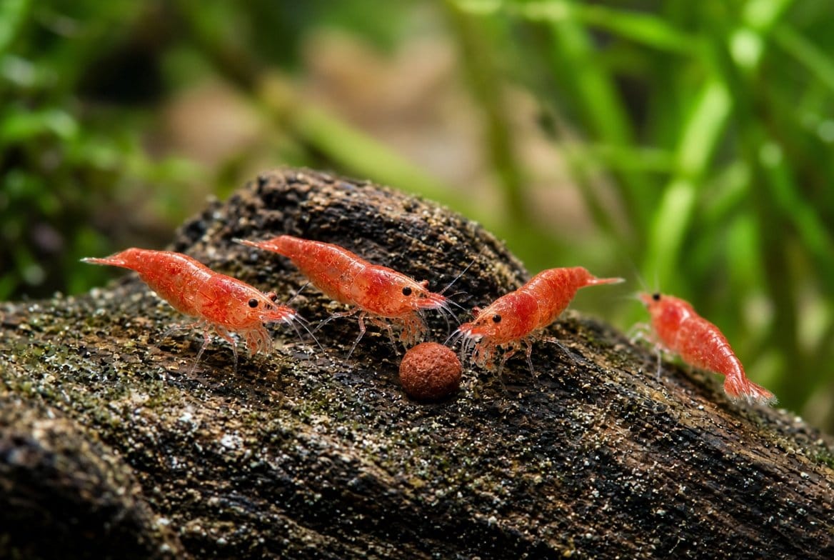 Cherry shrimp grazing on a sinking food wafer and driftwood biofilm in a planted aquarium