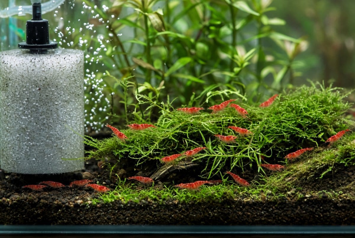 A densely planted cherry shrimp aquarium with driftwood, moss, and a gentle sponge filter