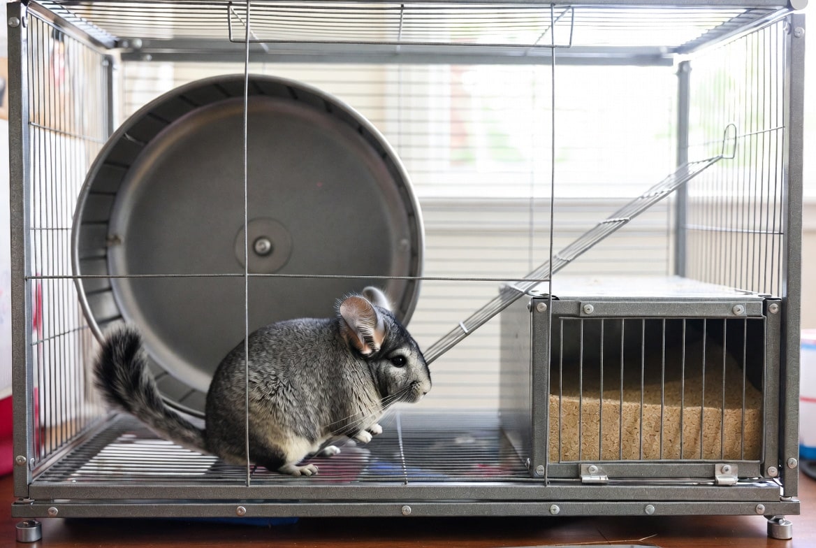 Chinchilla sitting beside its cage, exercise wheel, and dust bath house