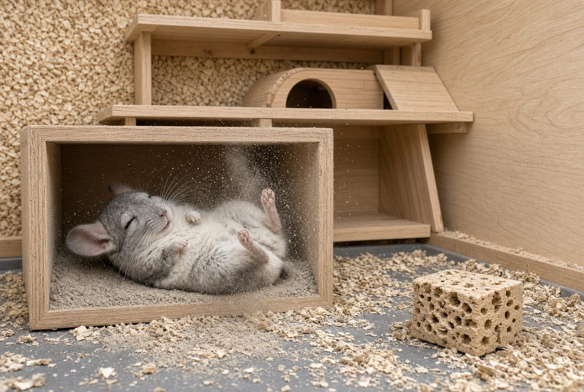 A chinchilla mid-roll in a dust bath house inside a multi-level cage