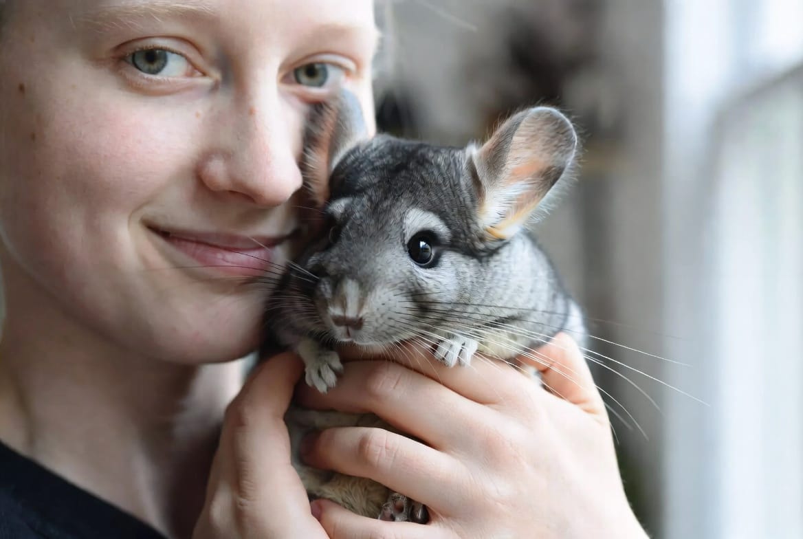 Person cradling a chinchilla securely with both hands