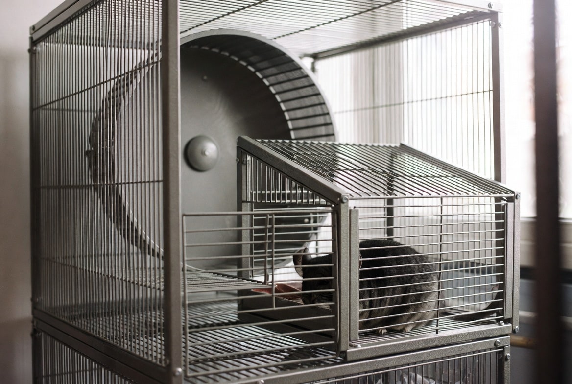 Chinchilla multi-level metal cage with solid shelves, a wheel, and a dust bath house