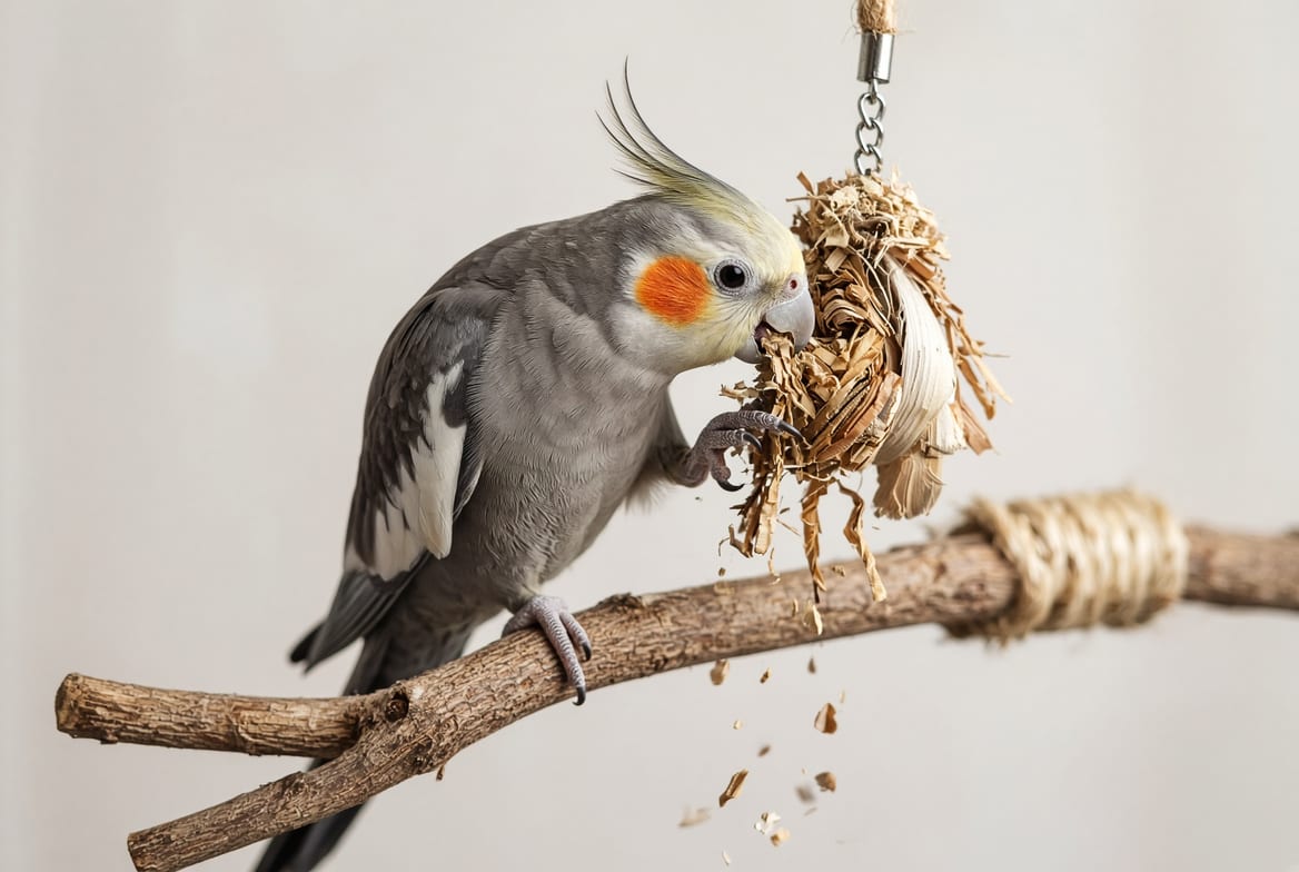A cockatiel shredding a foraging toy on a natural branch perch