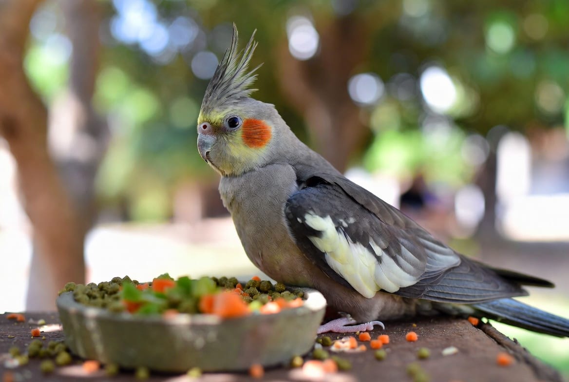 Cockatiel eating from a bowl of formulated pellets and fresh vegetables