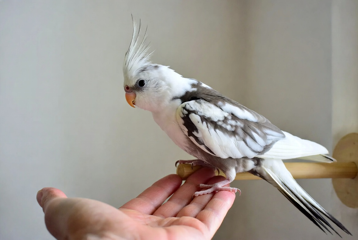 Cockatiel stepping onto a person's hand
