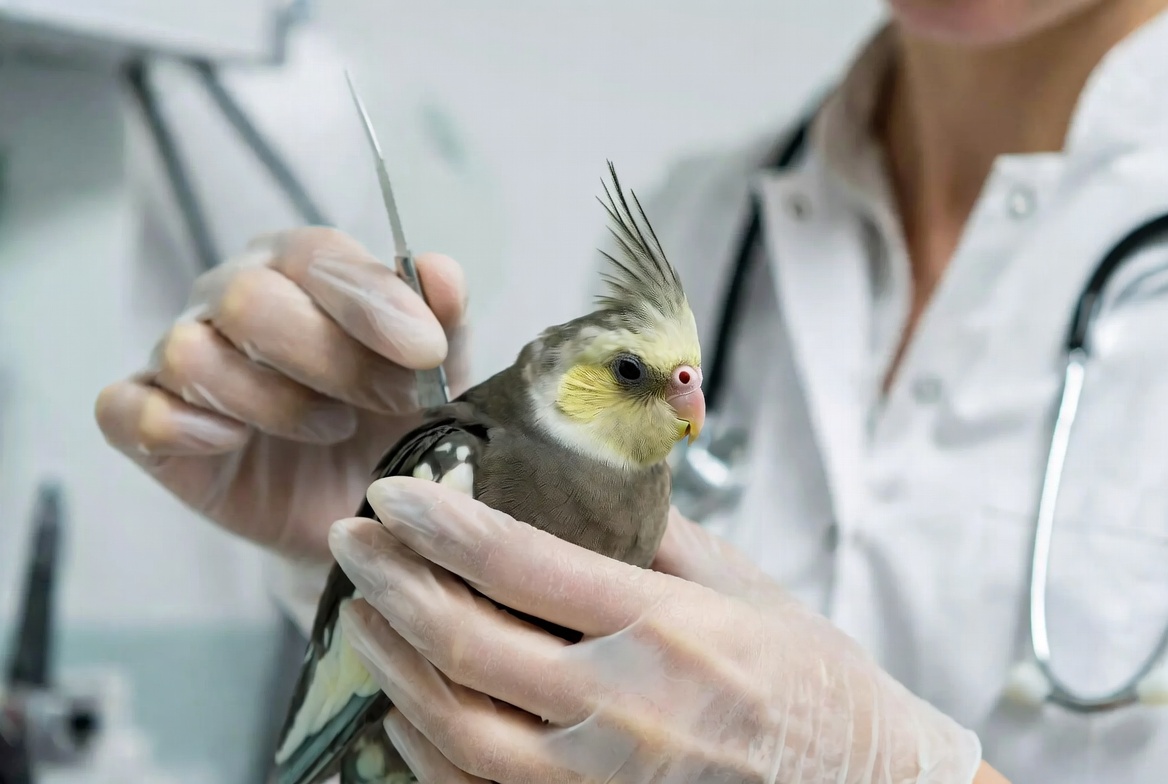 Cockatiel being examined by an avian veterinarian