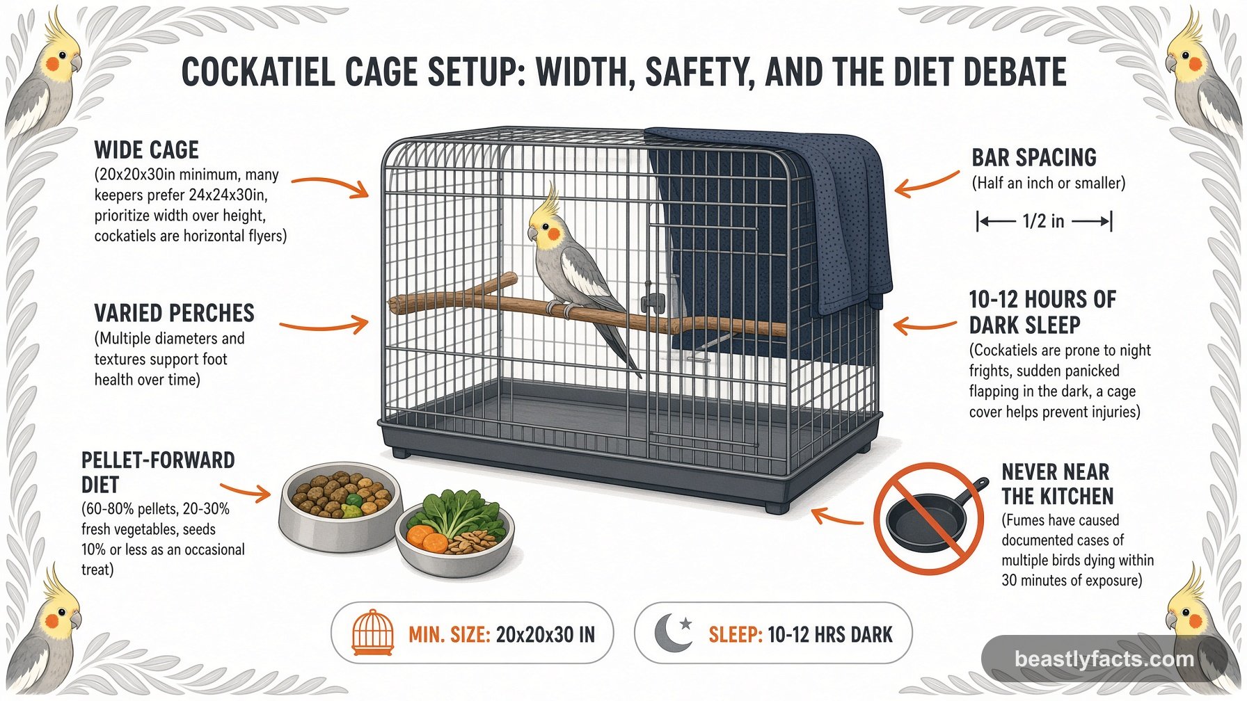Labeled diagram of a cockatiel cage showing a wide cage, varied perches, and a cage cover for 10-12 hours of dark sleep