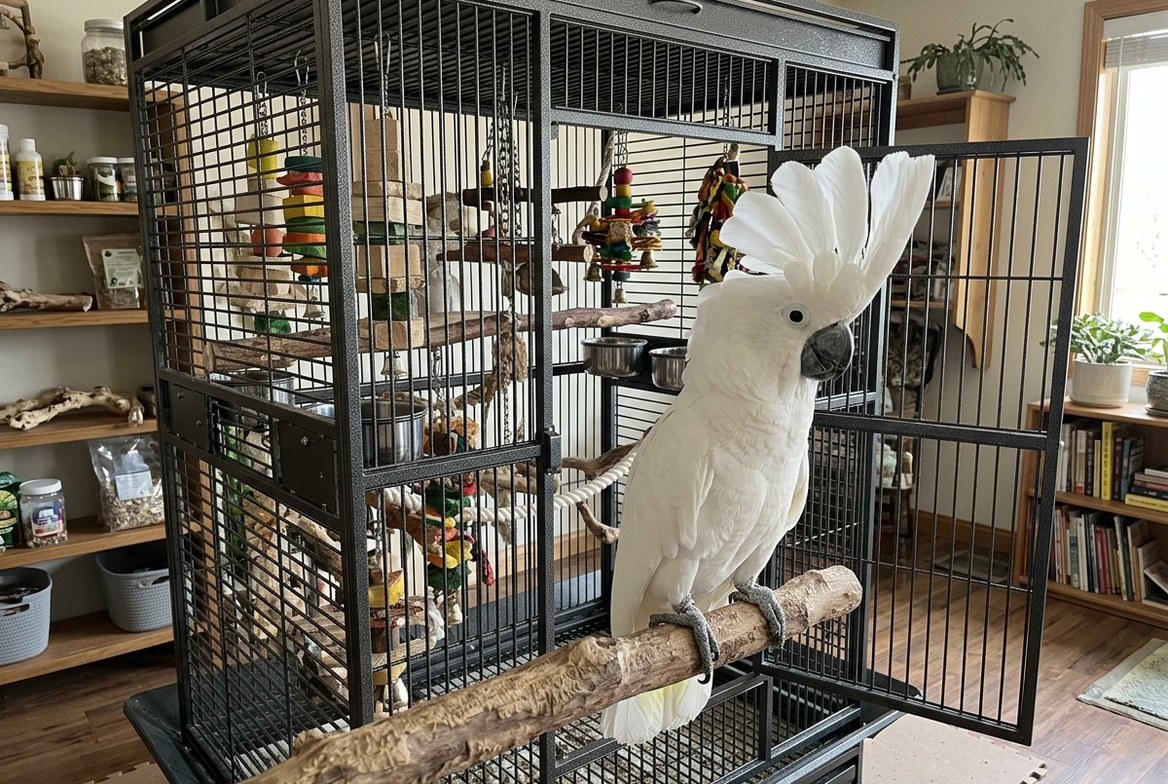 Umbrella cockatoo perched near its cage, illustrating the scale of investment this species requires