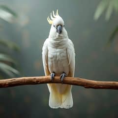 Cockatoo perched calmly in an enriched aviary space, feathers and crest visible