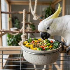 A cockatoo eating fresh vegetables and pellets from a food dish